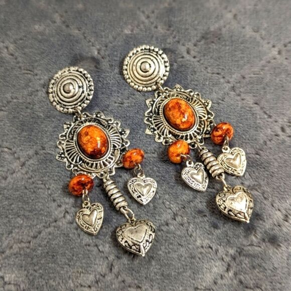 Jewelry - Vintage 90's Lightweight Silvertone and Faux Agate Bead Dangle Clip Earrings